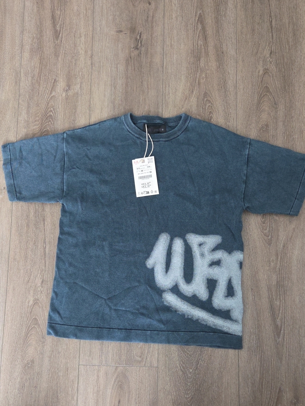 Zara Blue Garment Dyed Short-Sleeve Tee with White Graffiti Print Boys Size 8/9